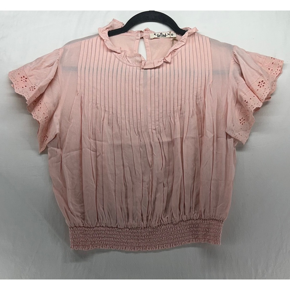 Love Birds Pink Eyelet Flutter‎ Sleeve Pintuck Smocked Waist Blouse XL